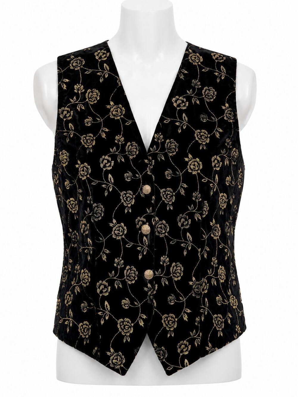 Impressions California Black Gold Floral Velvet Embroidered Vest Womens Small